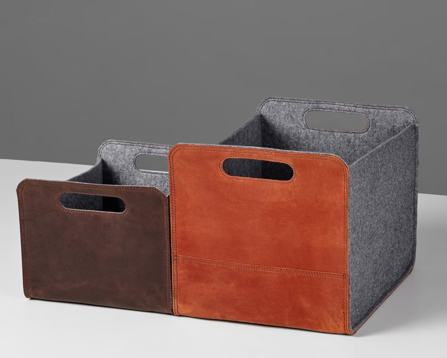 Handmade felt storage basket with leather sides