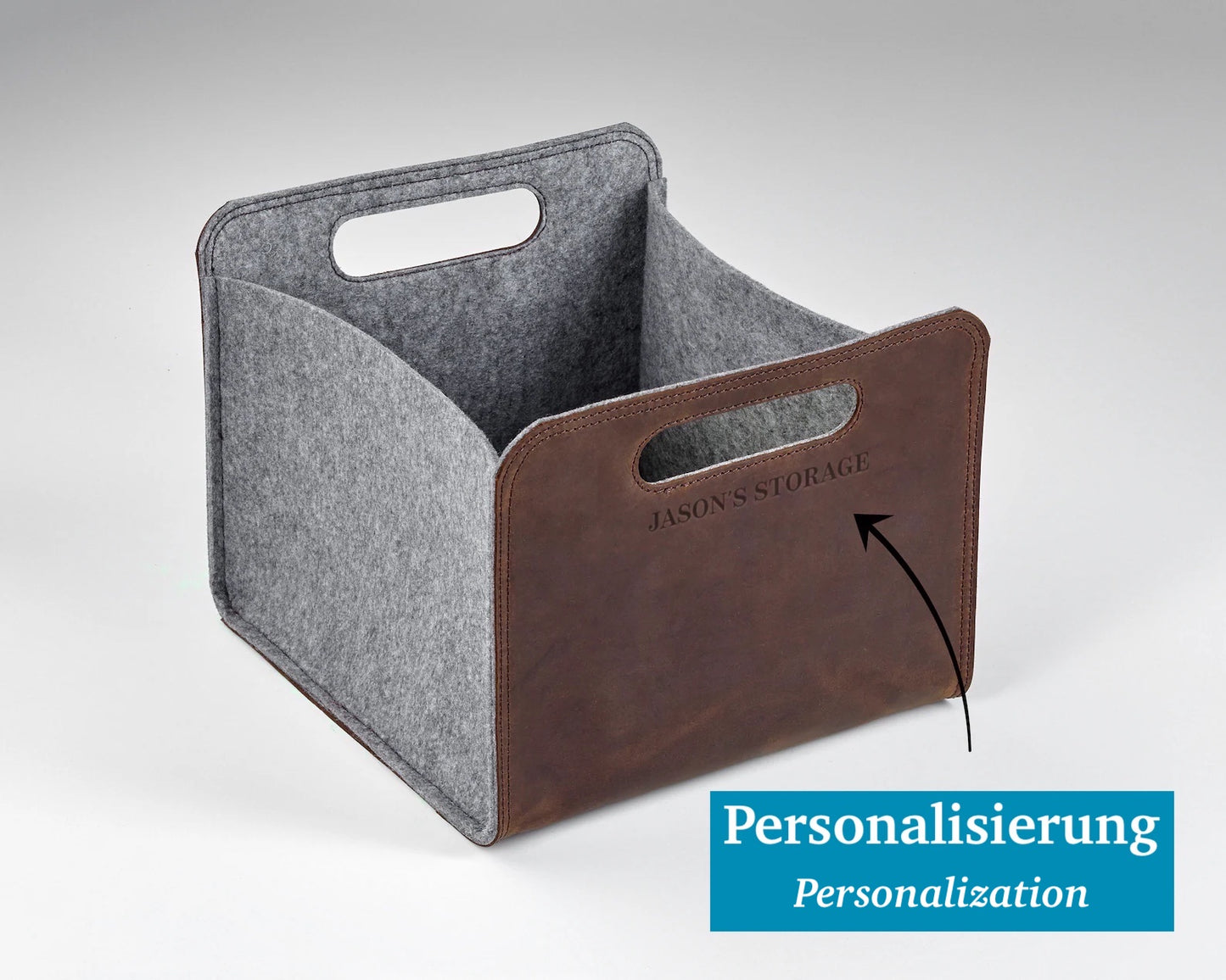 Handmade felt storage basket with leather sides