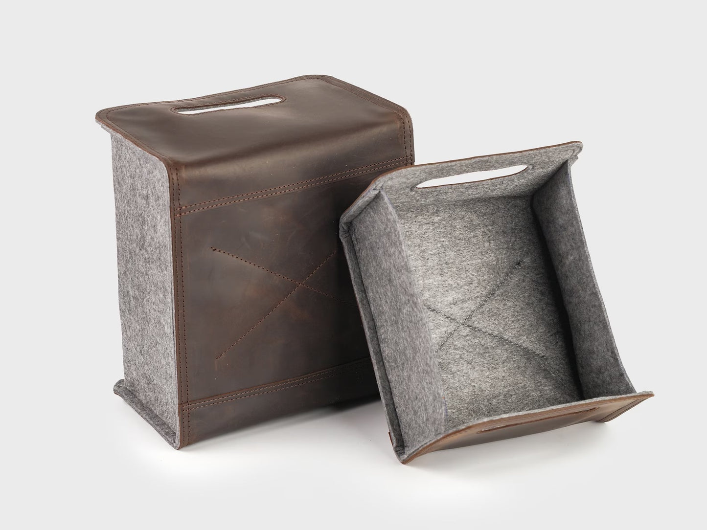 Handmade felt storage basket with leather sides